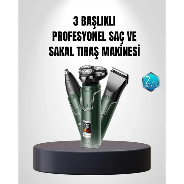 3D Akıllı Kesim Teknolojili Şarjlı Tıraş Seti – 3 Başlıklı, Paslanmaz Çelik Bıçaklı ürün görseli 1