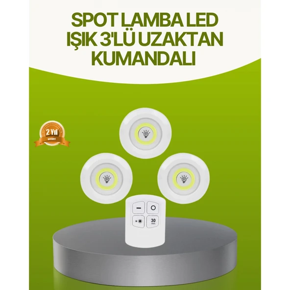 Uzaktan Kumandalı 3 Lü Kablosuz Led Spot Lamba Seti Yapışkanlı Pratik Kullanım ürün görseli 1