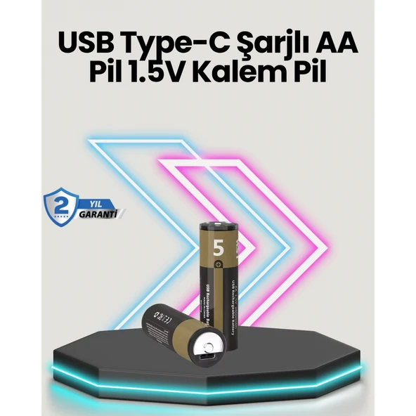 Yüksek Performanslı AA USB Şarjlı Lityum Pil | 1.5V Sabit Güç | 2’li Paket ürün görseli 1