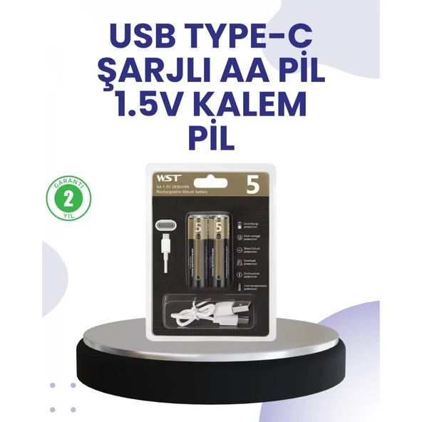 Type-C USB ile Hızlı Şarj Edilebilir AA Kalem Pil | 1.5V Lityum | Çiftli Paket ürün görseli 1