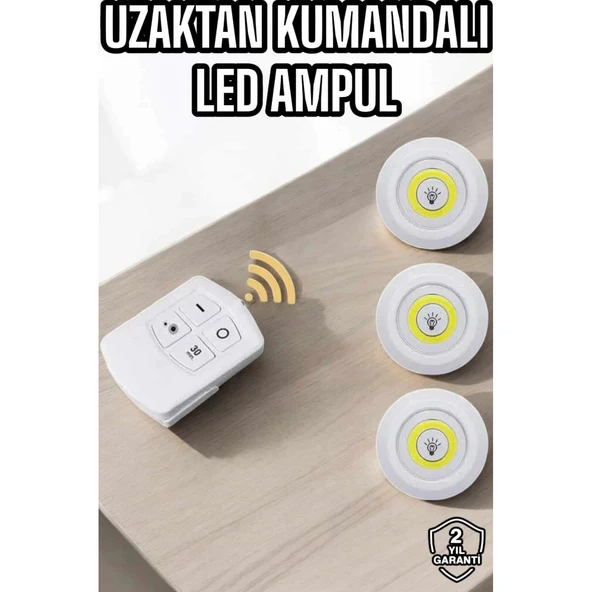 Led Lamba 3'lü Uzaktan Kumandalı Yapışkanlı Beyaz Işık ürün görseli 1