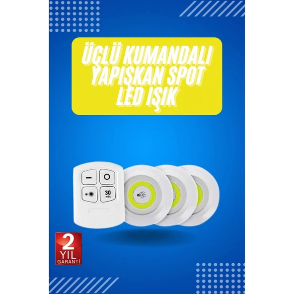 Yapışkanlı 3'lü Spot Led Işık Lamba Montajsız Pilli Uzaktan Kumandalı ürün görseli 1