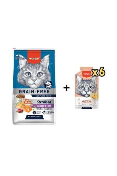 Wanpy Tahılsız Somon Tuna Kısırlaştırılmış Kedi Maması 8 kg + 6 AdetWanpy Somonlu ve Ton Balıklı Ked ürün görseli 1