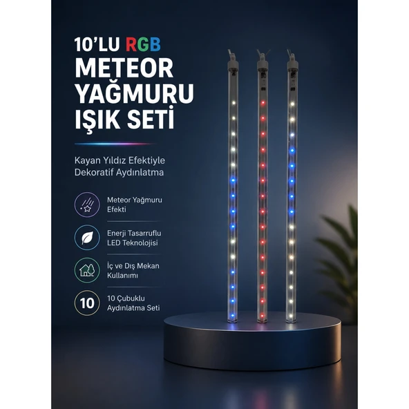 Dekoratif RGB LED Işık Çubuğu Seti 10 Adet Çubuk Kayan Yıldız Efektli ürün görseli 1