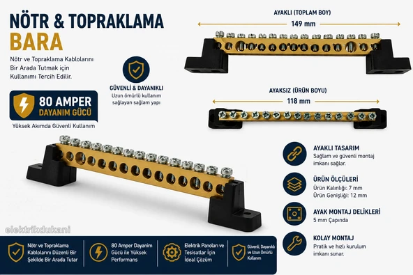 MUTLUSAN 13+2 15li Ayaklı Pano Nötür Klemensi 80A (7mmX11mm 15 Delikli Dağıtım Ünitesi) ürün görseli 1