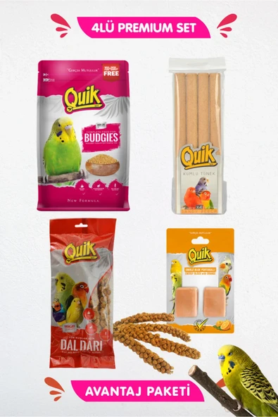 Quik  4lü Muhabbet Seti - Muhabbet Yemi 1kg Kumlu Tünek 4lü Portakal Gaga Taşı İkili Dal Dar ürün görseli 1