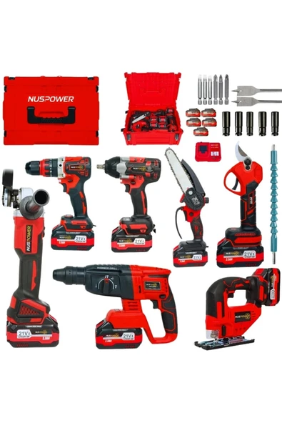 nuspower 7’li Dev Profesyonel Set 21V 3.0Ah – Hilti, Taşlama, Somun Sıkma, Vidalama, Testere ve Makas ürün görseli 1