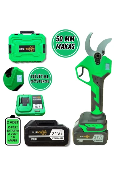 nuspower 50 mm Profesyonel Şarjlı Budama Makası – 21V Çift Akülü Dijital Göstergeli Dal Kesme Makinesi ürün görseli 1
