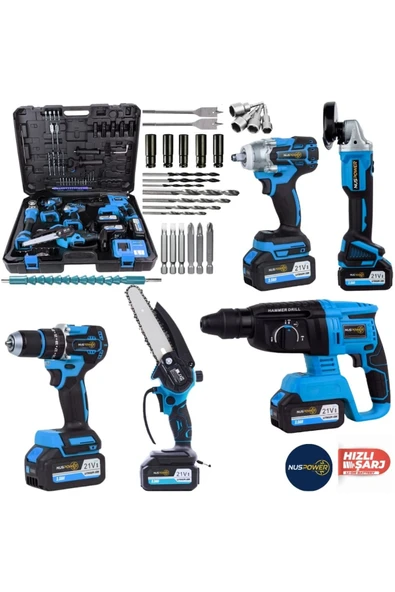 nuspower 5’li Profesyonel Akülü Set 21V – Kırıcı Hilti, Taşlama, Somun Sıkma, Vidalama ve Budama Makinesi ürün görseli 1