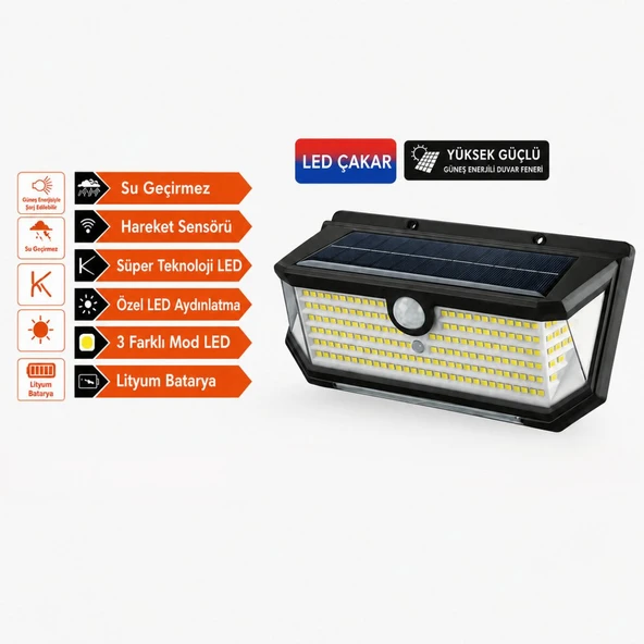 202 Led Güneş Enerjili Hareket Sensörlü Çakar LED Duvar Lambası PD772 ürün görseli 1