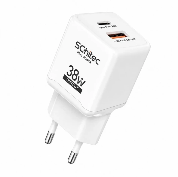 SChitec 38W Çift Çıkışlı Süper Hızlı Şarj Adaptörü USB-A QC 3.0 + Type-C PD Beyaz HG/TA-38EU ürün görseli 1