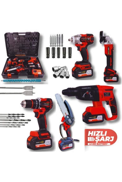 nuspower 5’li Profesyonel Akülü Set 21V – Kırıcı Hilti, Taşlama, Somun Sıkma, Vidalama ve Budama Makinesi ürün görseli 1