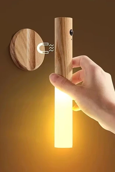 Sensörlü Şarjlı LED Ahşap Görünümlü Kablosuz Duvar Lambası Gün Işığı Aplik ürün görseli 1