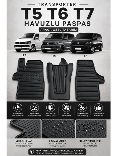 Volkswagen Transporter T5 T6 T7 Havuzlu Oto Paspas 3 Parça Araca Özel Siyah Kaymaz Su Geçirmez ürün görseli 1
