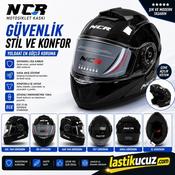 NCR-160E ÇENE AÇILIR GÖZLÜKLÜ E-CE BELGELİ KASK PARLAK SİYAH ürün görseli 1