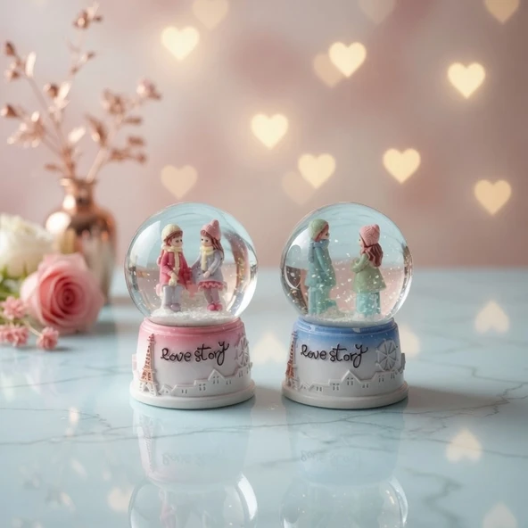 Love Story Mini Kar Küresi - Işıklı - 7x4 cm - Pilli Romantik Hediye ürün görseli 1