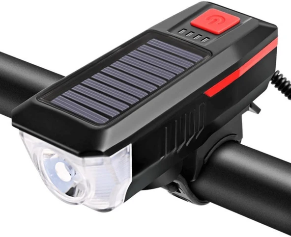 Carub Çok Fonksiyonlu Bisiklet Farı | LED Fener, Alarm, Kornalı, Solar & USB Şarjlı, Su Geçirmez ürün görseli 1