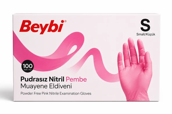 Beybi Nitril Pudrasız Muayene Eldiveni Pembe Small 100'lü ürün görseli 1
