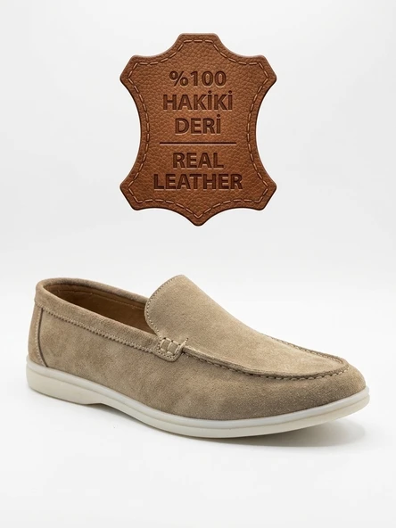 BA0252 %100 İçi Dışı Hakiki Deri Erkek Krem Süet Casual Loafer Termo Taban Ayakkabı ürün görseli 1