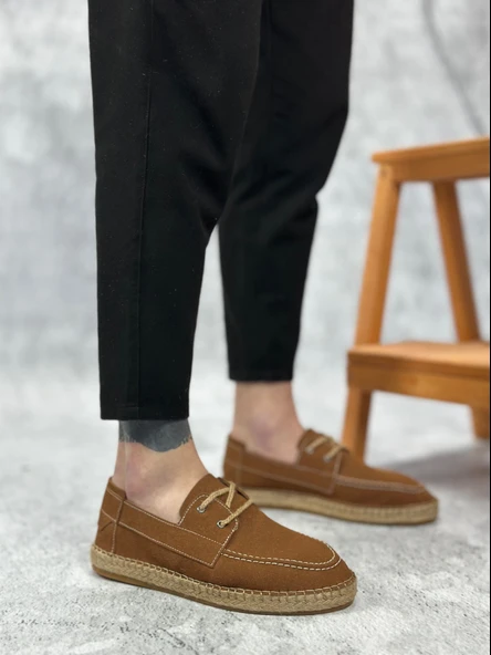 BA0358 BOA Doğal Deri Tozu Bağcıklı Kauçuk El Yapımı Espadril Taban Taba Renk Erkek Ayakkabı ürün görseli 1