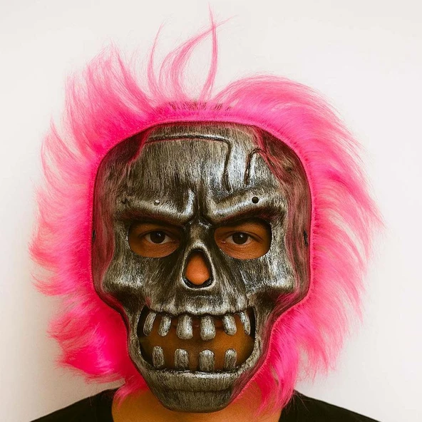 Wild Skull - Gümüş Kafatası Pembe Saçlı İskelet Maske ürün görseli 1