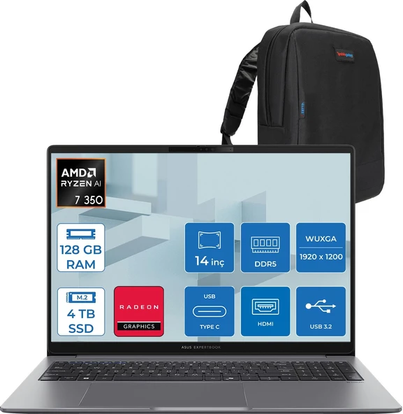 Asus Expertbook P3 PM3406CKA Ryzen Aı 7-350 128GB Ddr5 4tb SSD Radeon 860M 14.0-Inch, Wuxga (1920 x 1200) 300NITS Freedos Taşınabilir Bilgisayar PM3406CKAF35+ZETTAÇANTA ürün görseli 1