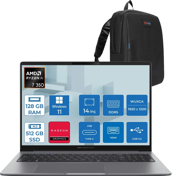 Asus Expertbook P3 PM3406CKA Ryzen Aı 7-350 128GB Ddr5 512GB SSD Radeon 860M 14.0-Inch, Wuxga (1920 x 1200) 300NITS WIN11HOME Taşınabilir Bilgisayar PM3406CKAH32+ZETTAÇANTA ürün görseli 1