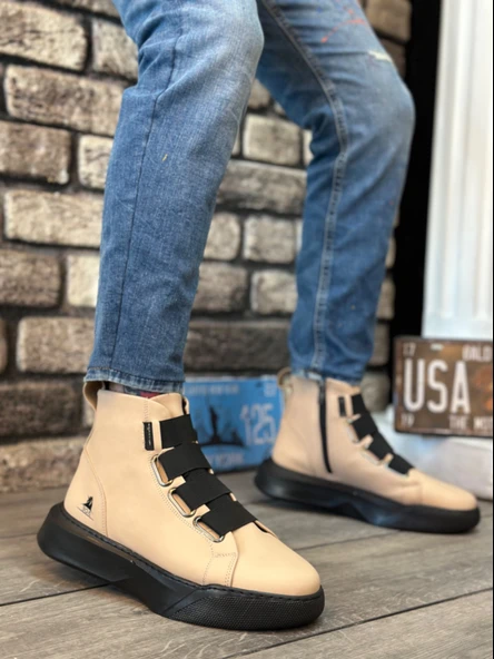 BA0142 Bantlı Erkek Yüksek Taban Krem Spor Bot ürün görseli 1