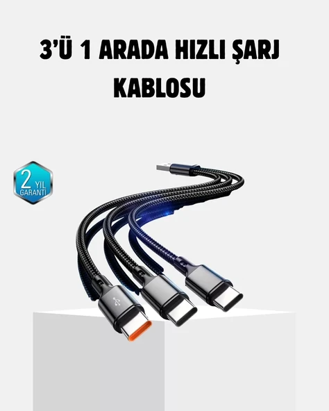 Nevamel® 3 Başlıklı Hızlı Şarj Kablosu Metal Alaşımlı Dayanıklı ve Akıllı Çipli ürün görseli 1