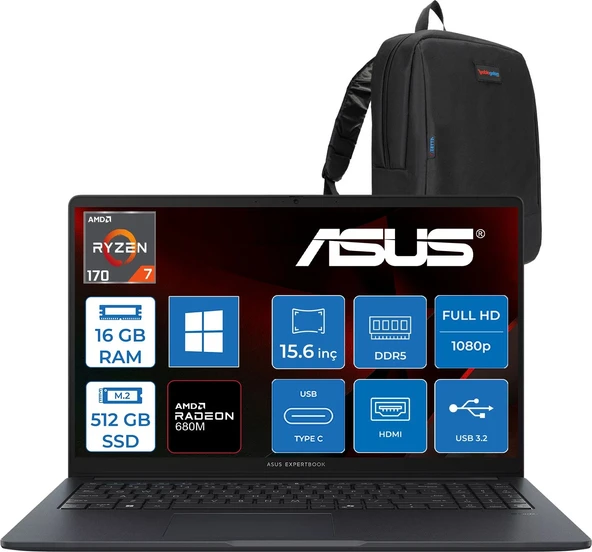 Asus Expertbook BM1503CDA Amd Ryzen 7 170 16GB Ddr5 512GB SSD Windows 11 Pro 15,6 Inç Fullhd Laptop S72178P01 + Zetta Çanta ürün görseli 1