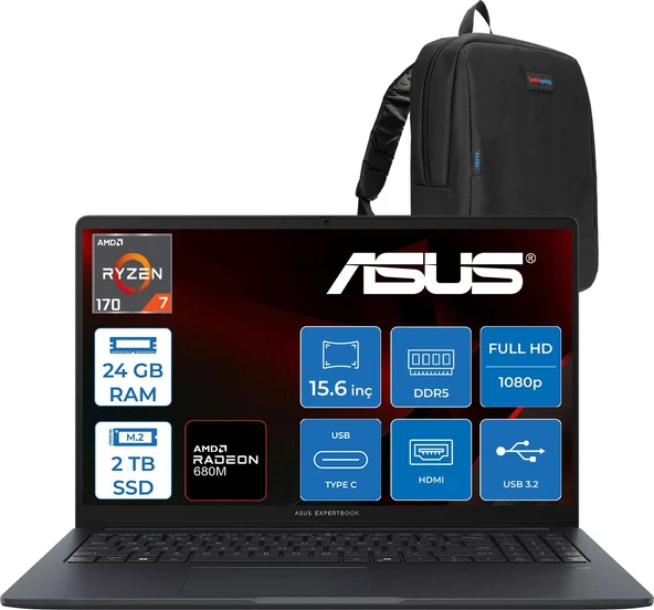Asus Expertbook BM1503CDA Amd Ryzen 7 170 24GB Ddr5 2tb SSD Freedos 15,6 Inç Fullhd Laptop S72178F08 + Zetta Çanta ürün görseli 1