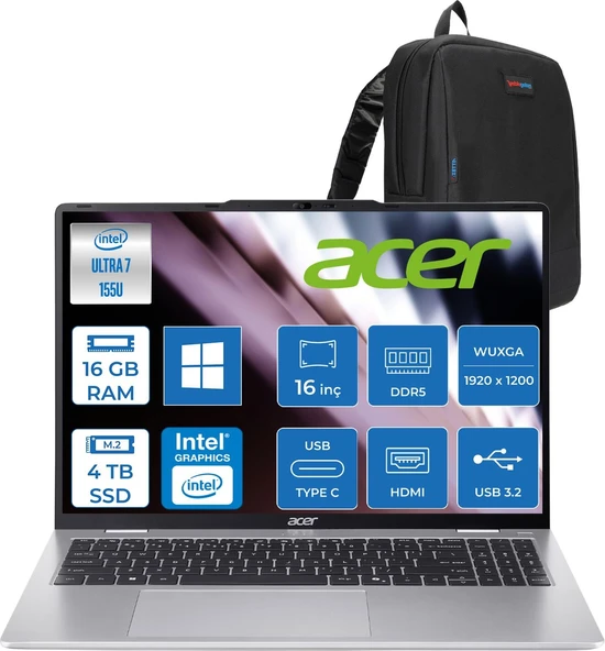 Acer Aspire Lite AL16-53P Intel Core Ultra 7 155U 16GB Ddr5 4tb SSD Windows 11 Pro  Intel® Aı Boost 16" Wuxga (1920X1200) IPS Laptop NXD5EEY001P04 + Zetta Çanta ürün görseli 1