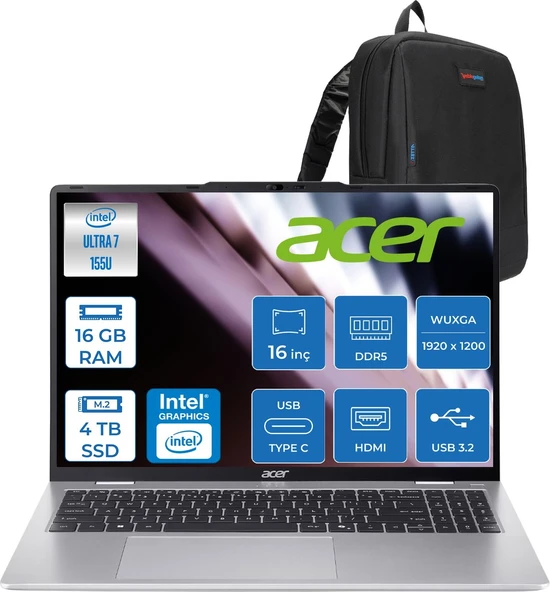 Acer Aspire Lite AL16-53P Intel Core Ultra 7 155U 16GB Ddr5 4tb SSD Freedos  Intel® Aı Boost 16" Wuxga (1920X1200) IPS Laptop NXD5EEY001F04 + Zetta Çanta ürün görseli 1