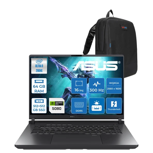 Asus Rog Strix G16 G615LW Intel Ultra 9 290HX Plus Aı 64GB Ddr5 512GB SSD+512GB SSD 16GB/RTX5080 175W 16-Inch 2.5k (2560 x 1600, Wqxga 300Hz 3ms  Freedos Gaming Laptop WTS283F26+ZETTAÇANTA ürün görseli 1