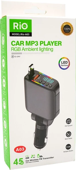 Araç MP3 Çalar FM Transmitter USB Destekli RGB LED Ambiyans Işıklı ürün görseli 1