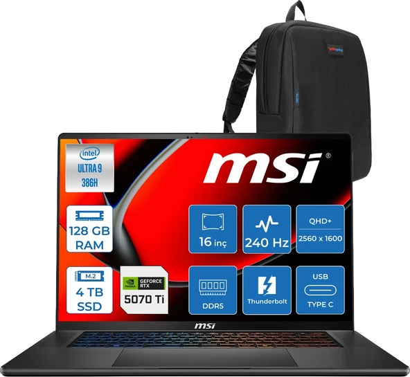 MSI Msı Stealth A16 Aı+ Ultra 9 386H 128GB 4tb SSD 12GB/RTX5070TI/105W 16" Qhd+ 240Hz Windows 11 Home Gaming Bilgisayar MXB3WHH44 + Zettaçanta ürün görseli 1