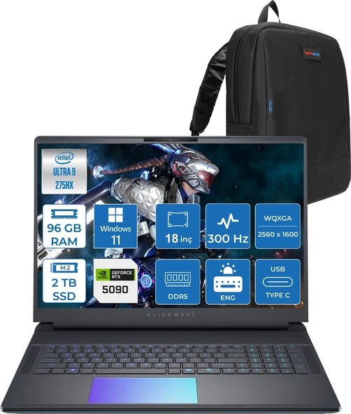 Dell Alienware 18 Area-51 AA18250 Ultra 9 275HX Ddr5 96GB 2tb SSD 24GB/RTX5090 175W 18INÇ Wqxga 300Hz 500NITS WINDOWS11PRO Gaming Laptop AA1825090P45+ZETTAÇANTA ürün görseli 1