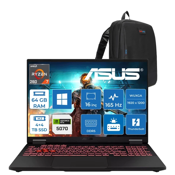 Asus Tuf Gaming A16 FA608UMI Amd Ryzen™ 7 260 Aı 64GB Ddr5 4tb Ssd+4tb SSD 8GB/RTX5060 115W 16-Inch Fhd+ 1920 x 1200, 144Hz 3ms IPS-SRGB:100% WINDOWS11HOME Gaming Laptop WTU292H32+ZETTAÇANTA ürün görseli 1