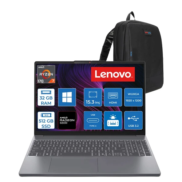 Lenovo Ideapad Slim 3 15ARP10 Amd Ryzen 7 170 32GB Ddr5 512GB SSD 15.3" Wuxga (1920X1200) IPS 300NITS WIN11PRO Taşınabilir Bilgisayar 83K700PSTRP12+ZETTAÇANTA ürün görseli 1