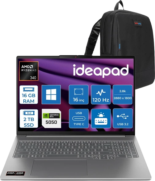 Lenovo Ideapad Pro 5 Amd Ryzen Aı 5 340 16GB 2tb SSD RTX5050/8GB 16" 2.8k (2880X1800) OLED 1100NITS 100% Dcı-P3 120Hz Windows 11 Pro All In One Bilgisayar LP162AKP10P03 + Zettaçanta ürün görseli 1