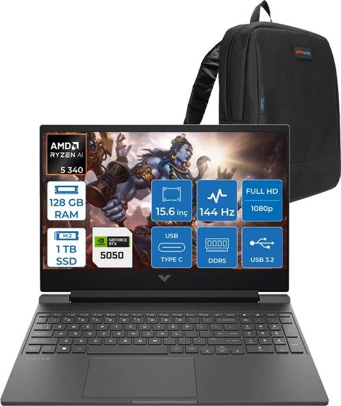 Hp Victus 15-WFB3036NT Amd Ryzen 5 Aı 340 128GB Ddr5 1tb SSD Freedos Nvidia Geforce 8gb RTX5050 15.6 Inç Fullhd (1920X1080) IPS 144HZ Taşınabilir Bilgisayar CA8E7EAF43 + Zetta Çanta ürün görseli 1