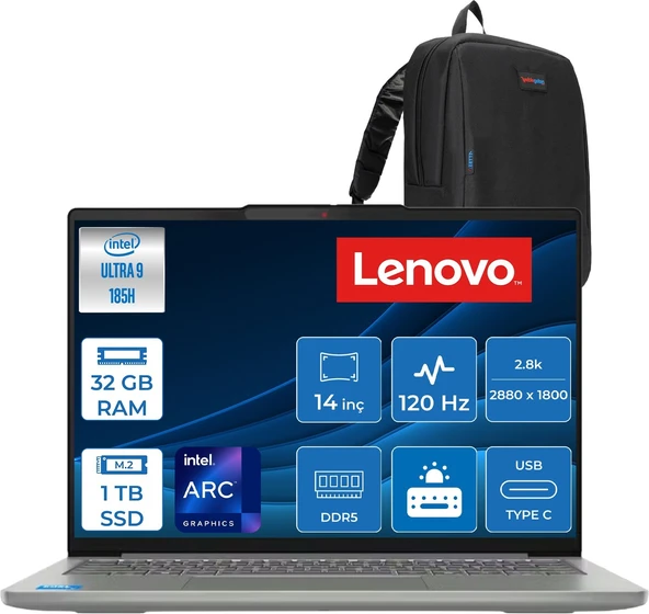 Lenovo Ideapad Slim 5 14IMH10 Intel Core Ultra 9 185H 32GB Ddr5 1tb SSD Freedos Intel Arc Graphics 14" 2.8k (2880X1800) OLED 500NITS 120Hz Laptop 83V6004DTRF12 + Zetta Çanta ürün görseli 1