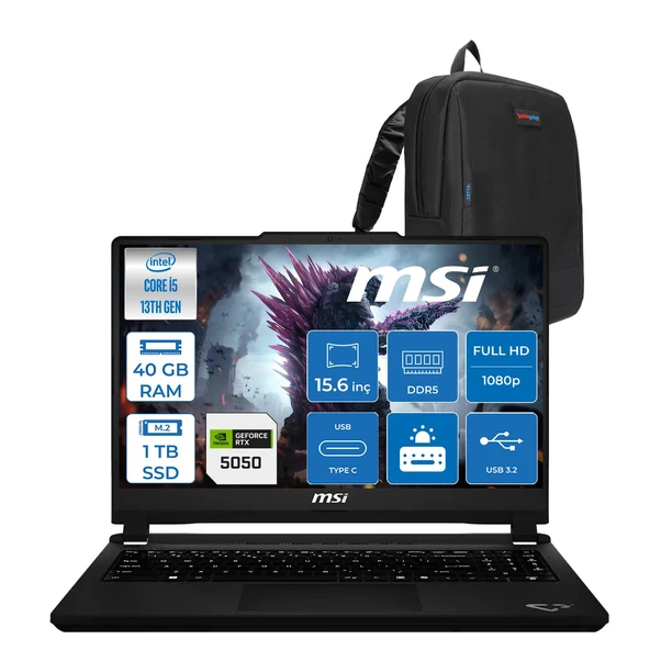Msi Cyborg 15 Max C13WE-072XTR Intel Core I5 13420H 40GB Ddr5 1tb SSD Geforce RTX5050 100W Gddr7 8gb Freedos 15.6" IPS Fullhd (1920X1080) 144Hz Oyuncu Bilgisayarı 072TRF18 + Zetta Çanta ürün görseli 1