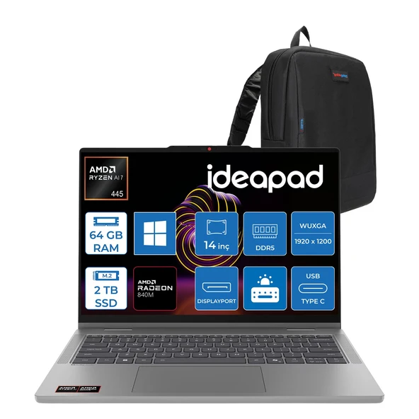 Lenovo Ideapad 5 2-In-1 14AGP11 Amd Ryzen Aı 7 445 64GB Ddr5 2tb SSD Radeon™ 840M Graphics 14" Wuxga (1920X1200) IPS 400NITS Dokunmatik WIN11PRO Bilgisayar 83UH0049TRP24+ZETTAÇANTA ürün görseli 1