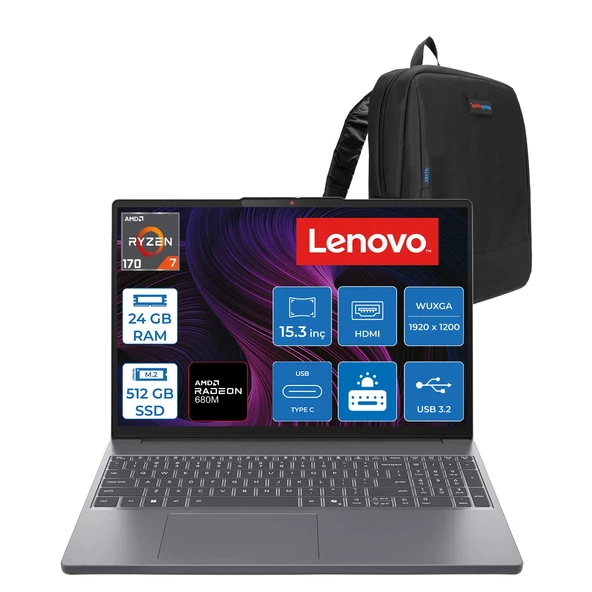 Lenovo Ideapad Slim 3 15ARP10 Amd Ryzen 7 170 24GB Ddr5 512GB SSD 15.3" Wuxga (1920X1200) IPS 300NITS Freedos Taşınabilir Bilgisayar 83K700PSTRF07+ZETTAÇANTA ürün görseli 1