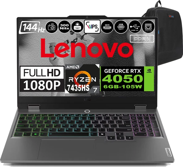 Lenovo Loq 15ARP9 Amd Ryzen 7 7435HS Ddr5 64GB 4tb SSD RTX4050-6GB 300NITS 15.6" 144Hz Fhd Windows 11 Pro Taşınabilir Bilgisayar 83JC00CRTRP12 + Zetta Çanta ürün görseli 1