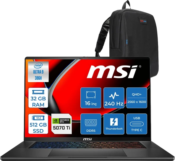 MSI Msı Stealth A16 Aı+ Ultra 9 386H 32GB 512GB SSD 12GB/RTX5070TI/105W 16" Qhd+ 240Hz Windows 11 Home Gaming Bilgisayar MXB3WHH09 + Zettaçanta ürün görseli 1