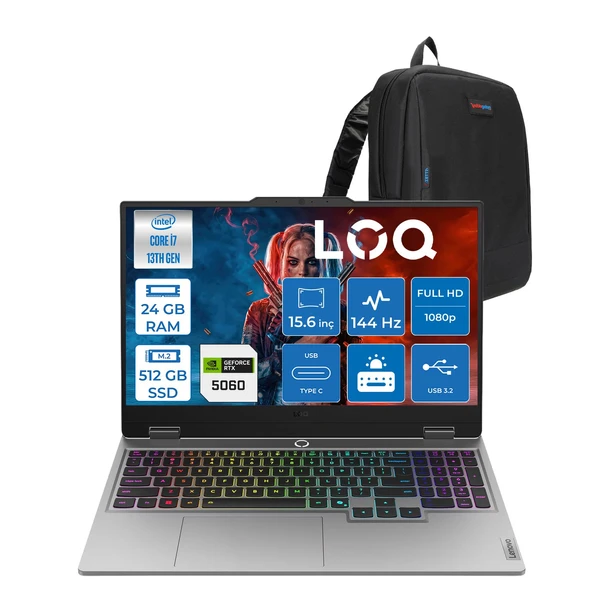 Lenovo Loq Intel Core I7 13645HX 24GB Ddr5 512GB SSD W11HOME 8GB/RTX5060/100W 15.6" Fhd IPS 144Hz %100 Srgb Gaming Laptop 83JE01BETRH07 + Zettaçanta ürün görseli 1