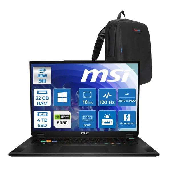 MSI Msı Stealth 18 Hx A2WI-081TR Intel Core Ultra 9-290HX Plus Aı 32GB Ddr5 4tb SSD 16GB/RTX5080 150W 18INÇ 4K UHD+120Hz WINDOWS11PRO Gaming Laptop MSA2WI081TRP15+ZETTAÇANTA ürün görseli 1