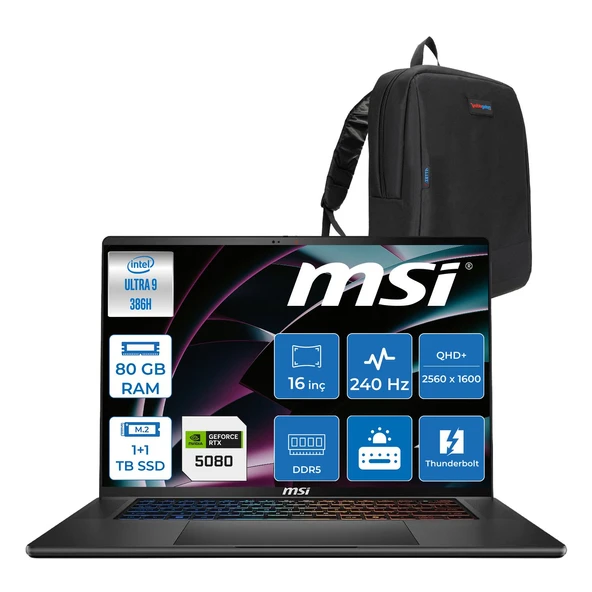 MSI Msı Stealth 16 Aı+ B3WI-003TR Intel Core Ultra 9-386H Aı 80GB Ddr5 1tb+1tb SSD 16GB/RTX5080 125W 16" Qhd+ (2560 x 1600) Oled, 240hz,  Freedos Gaming Laptop B3WI003TRF36+ZETTAÇANTA ürün görseli 1